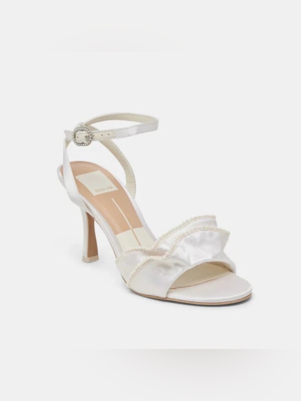 Dolce Vita Pearl-Trim Ivory Satin Ruffle Sandal (8.5)